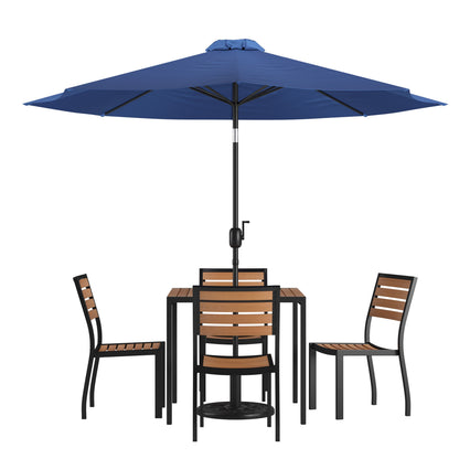 Flash Furniture XU-DG-810060364-UB19BNV-GG Faux Teak 35" Square Patio Table, 4 Chairs & Navy 9FT Patio Umbrella with Base - Main view