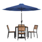 Flash Furniture XU-DG-810060364-UB19BNV-GG Faux Teak 35" Square Patio Table, 4 Chairs & Navy 9FT Patio Umbrella with Base - Main view