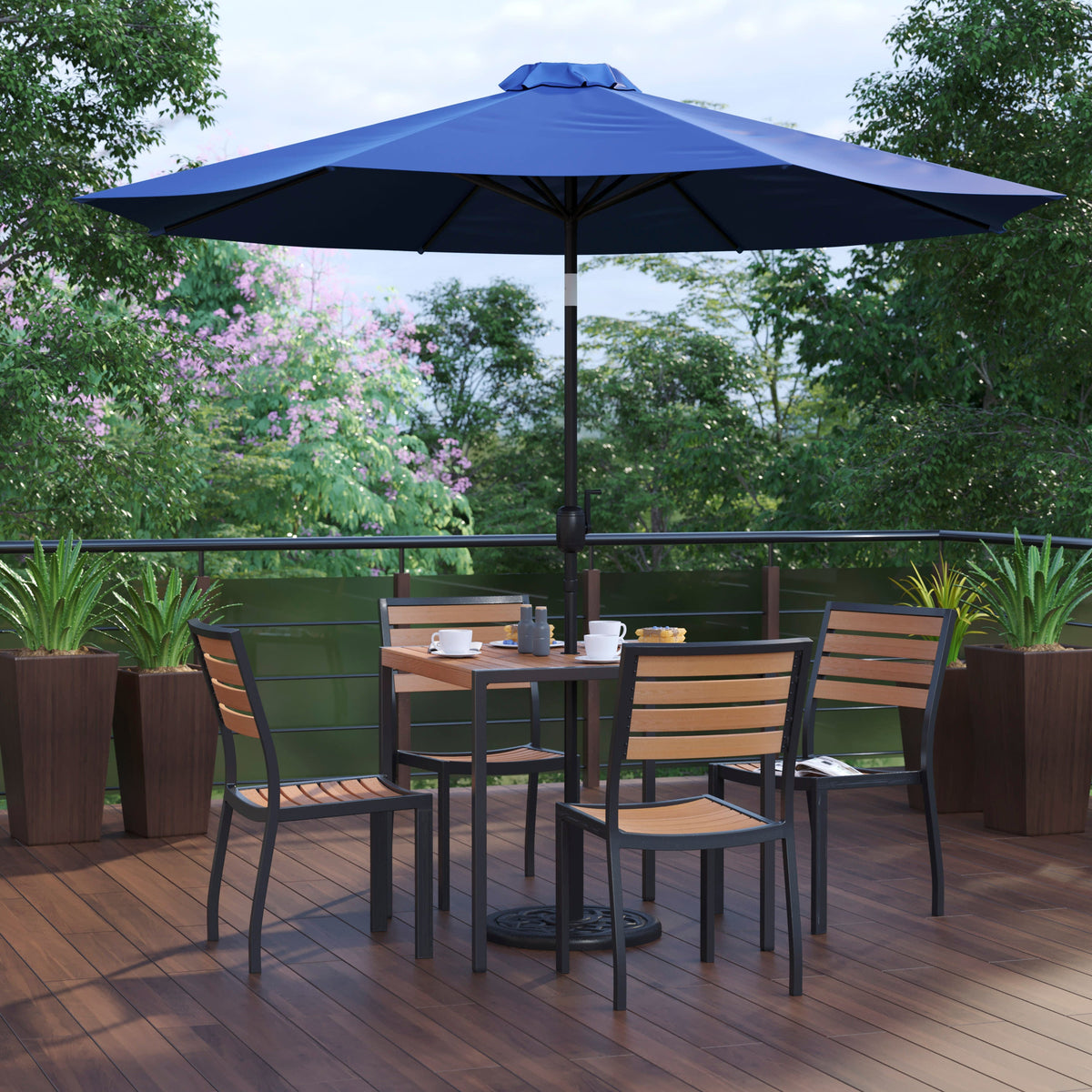 Flash Furniture XU-DG-810060364-UB19BNV-GG Faux Teak 35" Square Patio Table, 4 Chairs & Navy 9FT Patio Umbrella with Base - View 2