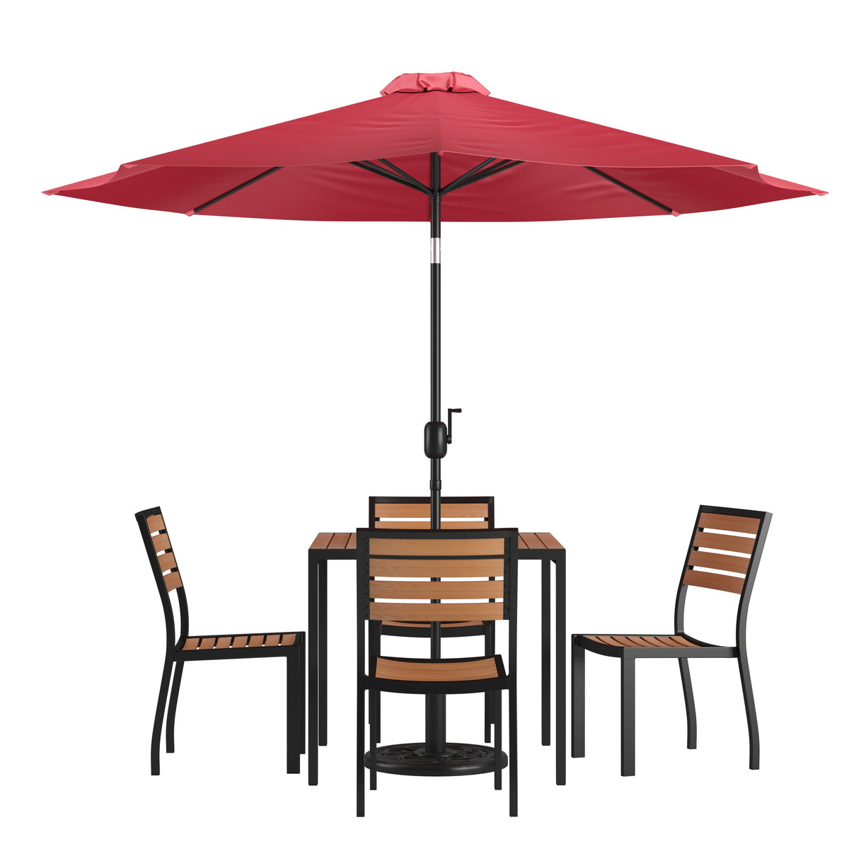 Flash Furniture XU-DG-810060364-UB19BRD-GG Faux Teak 35" Square Patio Table, 4 Chairs & Red 9FT Patio Umbrella with Base - Main view