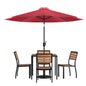 Flash Furniture XU-DG-810060364-UB19BRD-GG Faux Teak 35" Square Patio Table, 4 Chairs & Red 9FT Patio Umbrella with Base - Main view