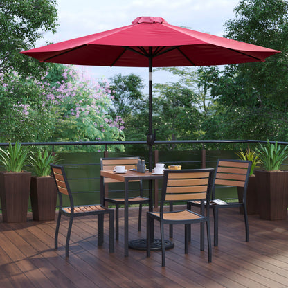 Flash Furniture XU-DG-810060364-UB19BRD-GG Faux Teak 35" Square Patio Table, 4 Chairs & Red 9FT Patio Umbrella with Base - View 2