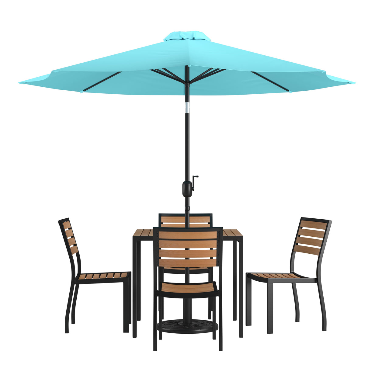 Flash Furniture XU-DG-810060364-UB19BTL-GG Faux Teak 35" Square Patio Table, 4 Chairs & Teal 9FT Patio Umbrella with Base - Main view