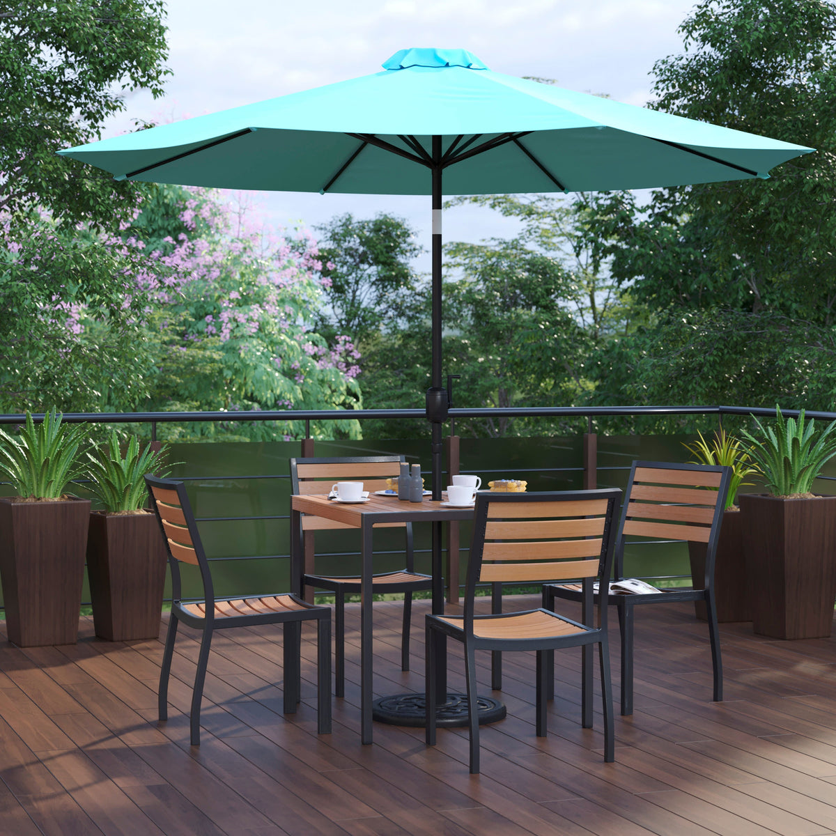Flash Furniture XU-DG-810060364-UB19BTL-GG Faux Teak 35" Square Patio Table, 4 Chairs & Teal 9FT Patio Umbrella with Base - View 2