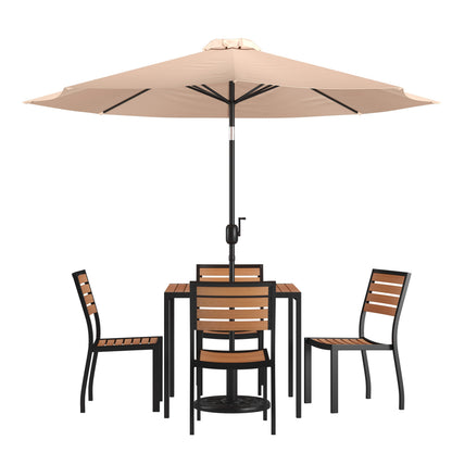Flash Furniture XU-DG-810060364-UB19BTN-GG Faux Teak 35" Square Patio Table, 4 Chairs & Tan 9FT Patio Umbrella with Base - Main view