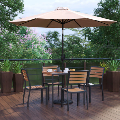 Flash Furniture XU-DG-810060364-UB19BTN-GG Faux Teak 35" Square Patio Table, 4 Chairs & Tan 9FT Patio Umbrella with Base - View 2