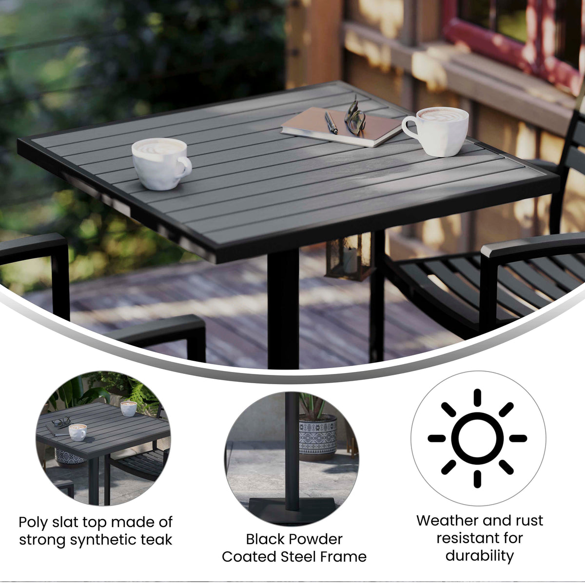 Flash Furniture XU-DG-HW1045-GY-GG Outdoor Gray Wash Faux Teak Dining Table with Poly Slats - Square Patio Table - View 2