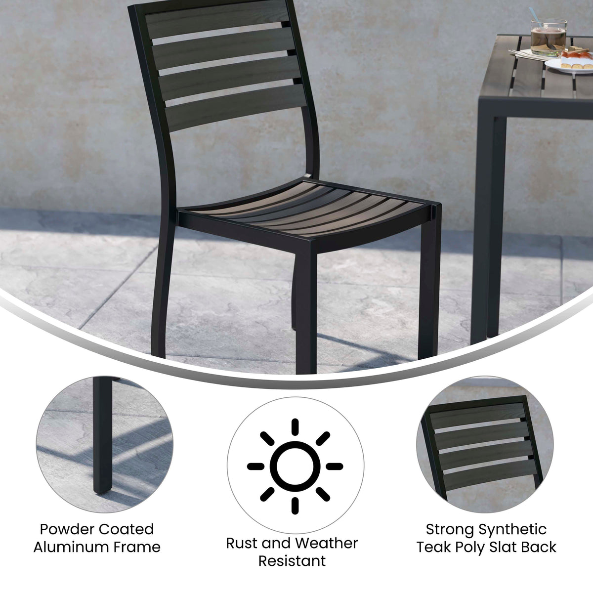Flash Furniture XU-DG-HW6036-GY-GG Outdoor Faux Teak Side Chair with Gray Wash Poly Slats - Teak Patio Chair - View 3
