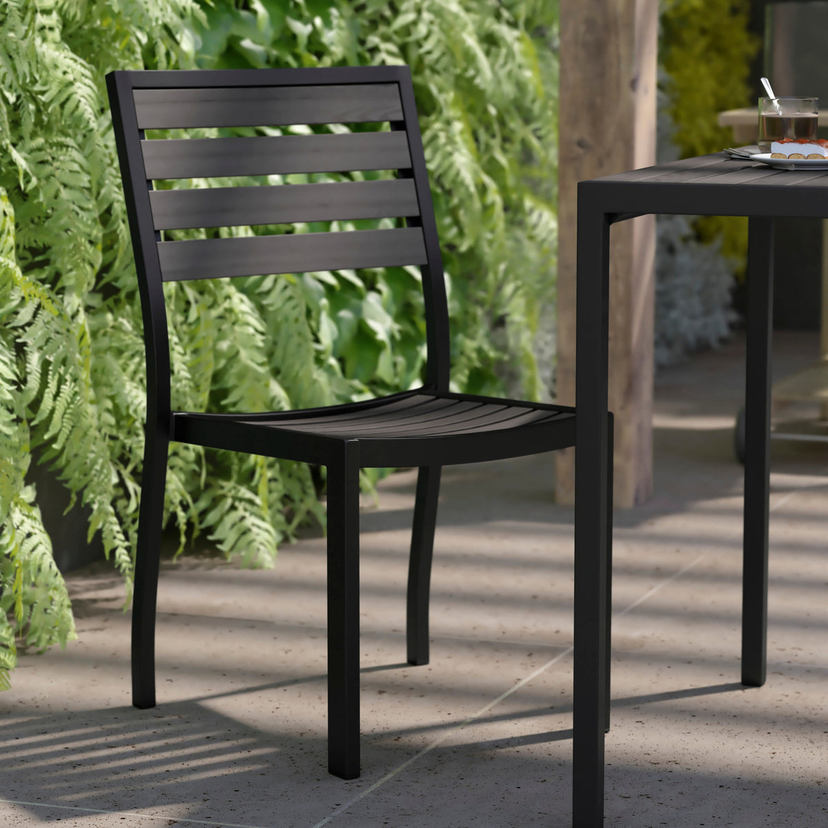Flash Furniture XU-DG-HW6036-GY-GG Outdoor Faux Teak Side Chair with Gray Wash Poly Slats - Teak Patio Chair - View 6