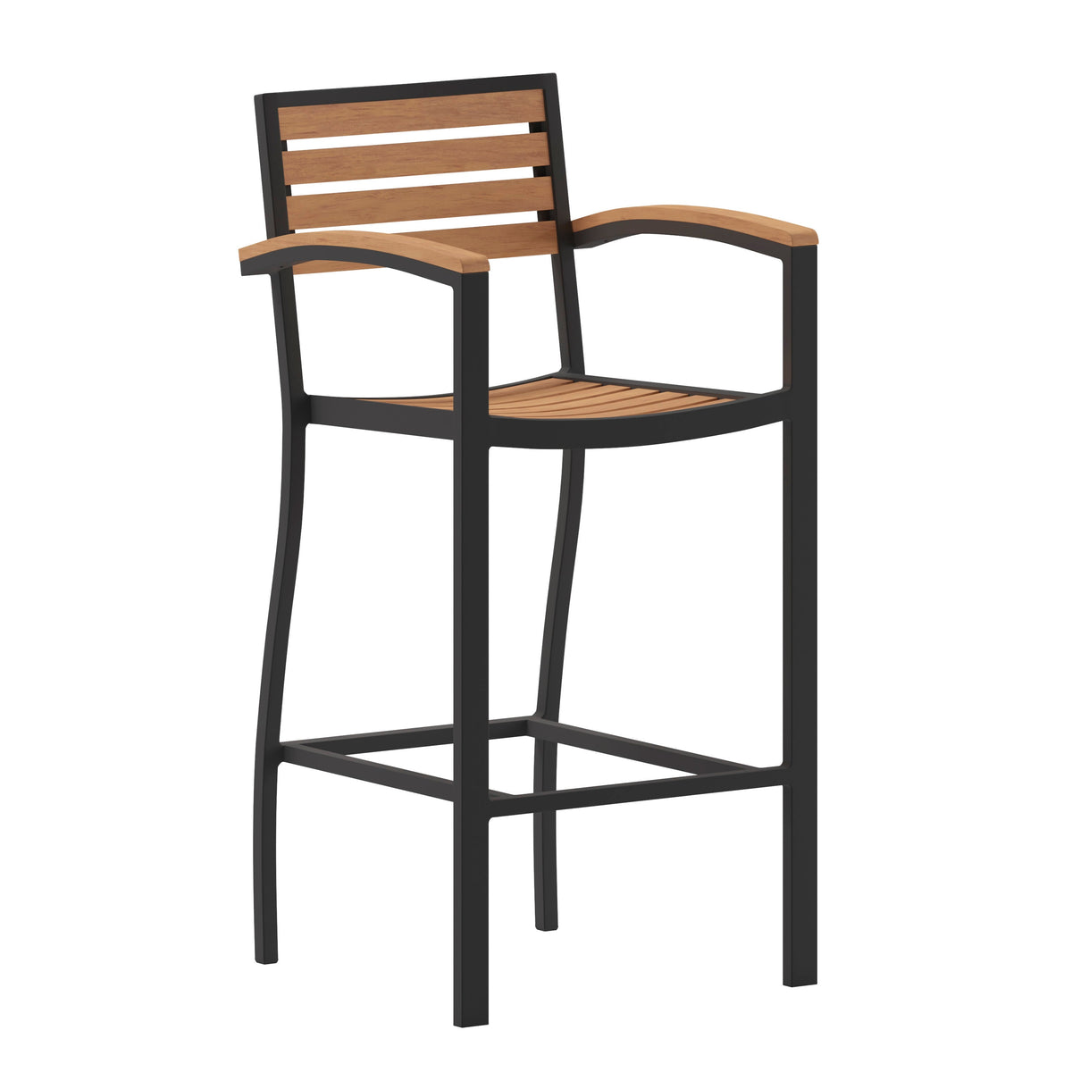 Flash Furniture XU-DG-HW6036B-ARM-GG Commercial Grade Outdoor Bar Stool with Armrests and Poly Resin Slats - Teak - Main view