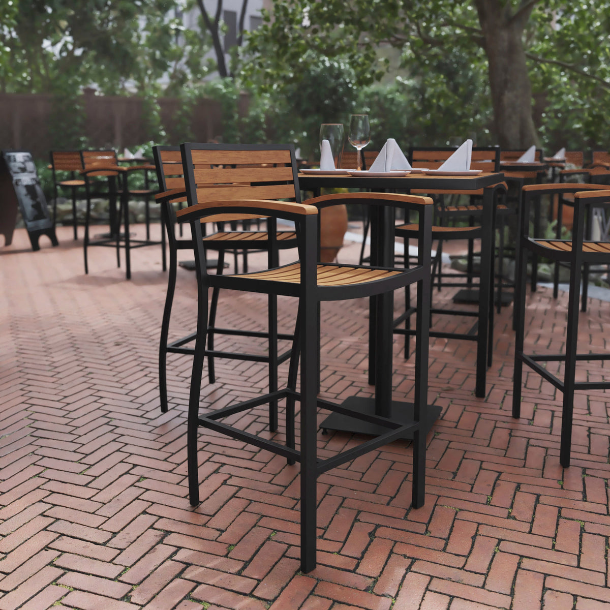 Flash Furniture XU-DG-HW6036B-ARM-GG Commercial Grade Outdoor Bar Stool with Armrests and Poly Resin Slats - Teak - View 2