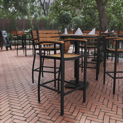 Flash Furniture XU-DG-HW6036B-ARM-GG Commercial Grade Outdoor Bar Stool with Armrests and Poly Resin Slats - Teak - View 2