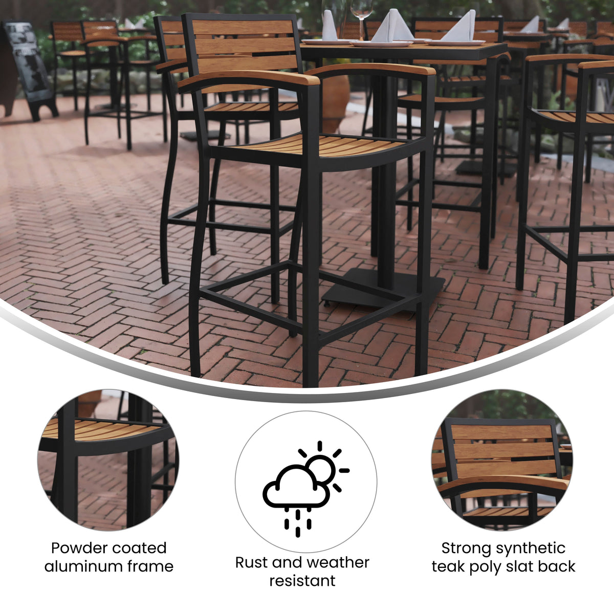 Flash Furniture XU-DG-HW6036B-ARM-GG Commercial Grade Outdoor Bar Stool with Armrests and Poly Resin Slats - Teak - View 3