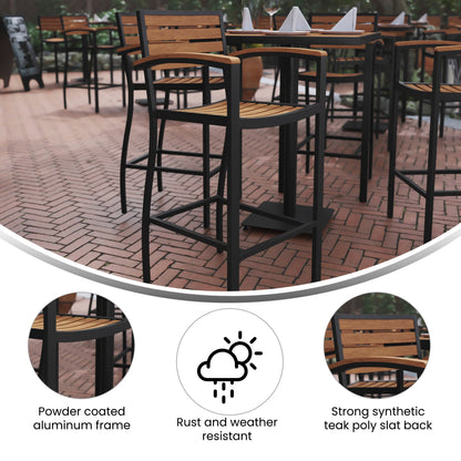 Flash Furniture XU-DG-HW6036B-ARM-GG Commercial Grade Outdoor Bar Stool with Armrests and Poly Resin Slats - Teak - View 3