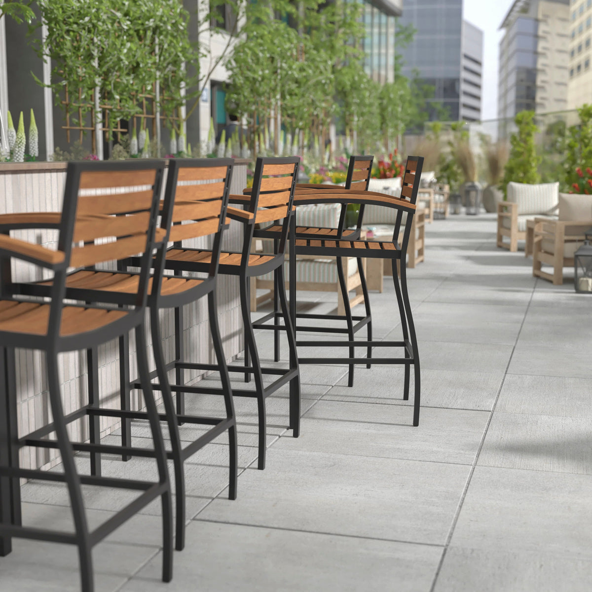 Flash Furniture XU-DG-HW6036B-ARM-GG Commercial Grade Outdoor Bar Stool with Armrests and Poly Resin Slats - Teak - View 5