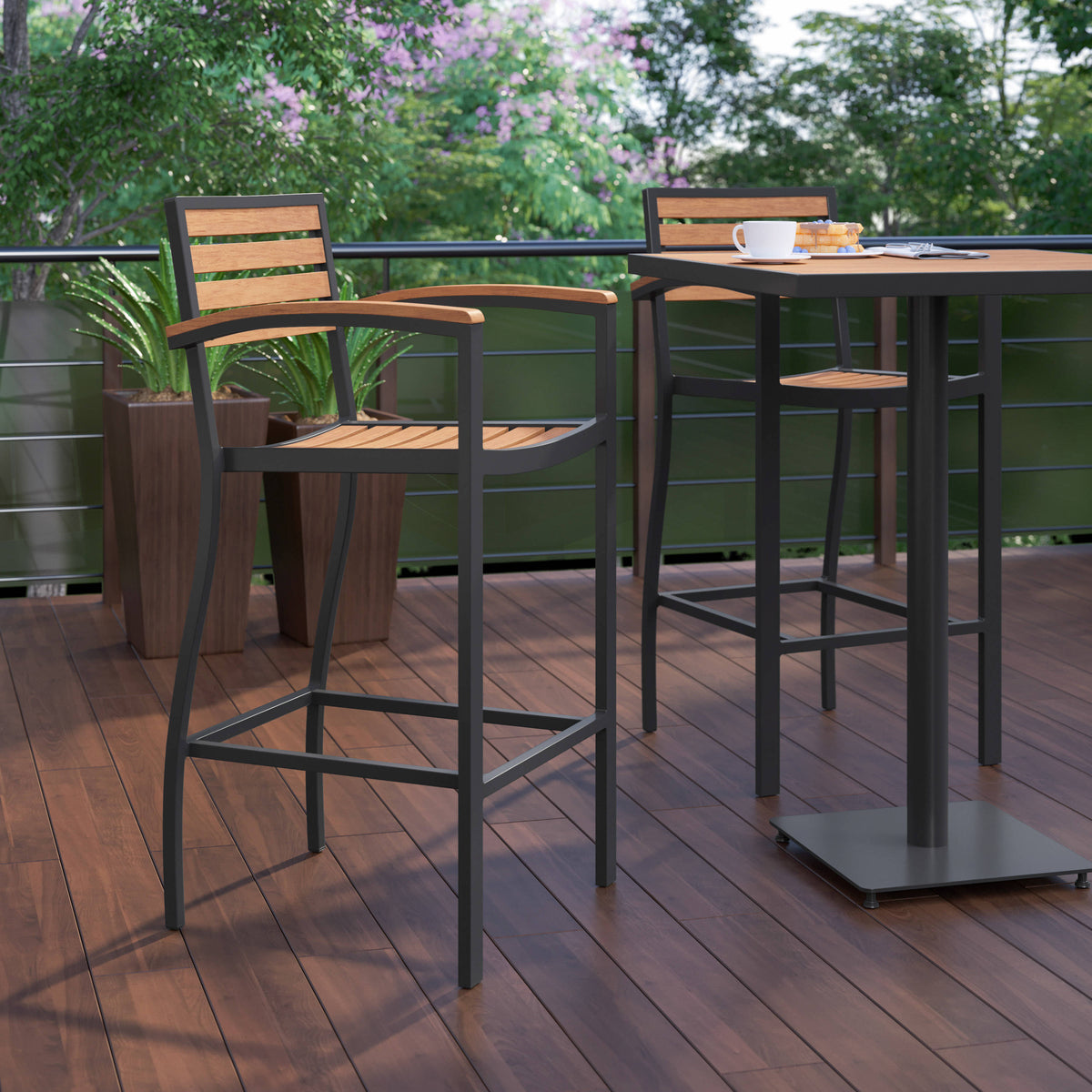 Flash Furniture XU-DG-HW6036B-ARM-GG Commercial Grade Outdoor Bar Stool with Armrests and Poly Resin Slats - Teak - View 6