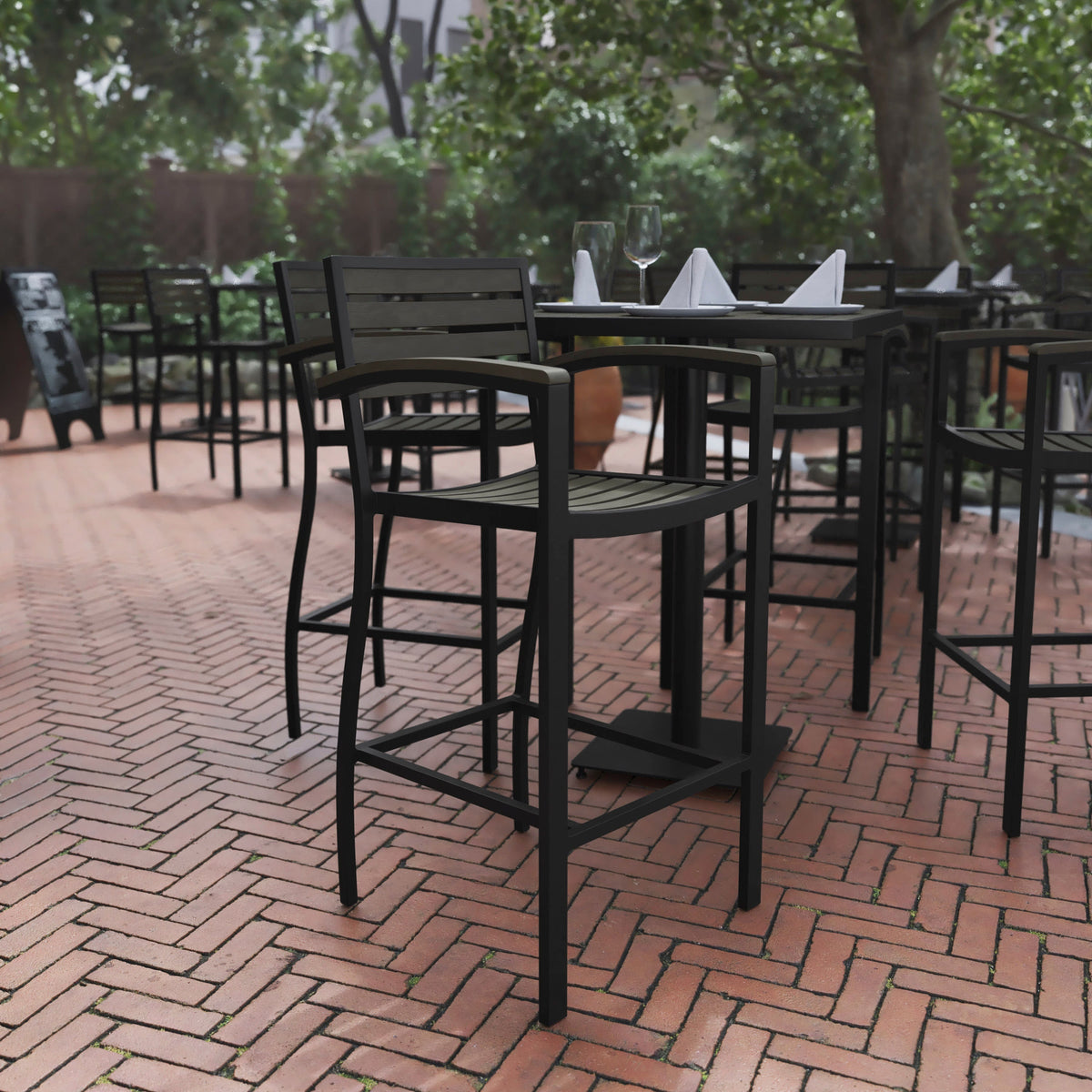 Flash Furniture XU-DG-HW6036B-ARM-GY-GG Commercial Grade Outdoor Bar Stool with Armrests and Poly Resin Slats-Gray Wash - View 2