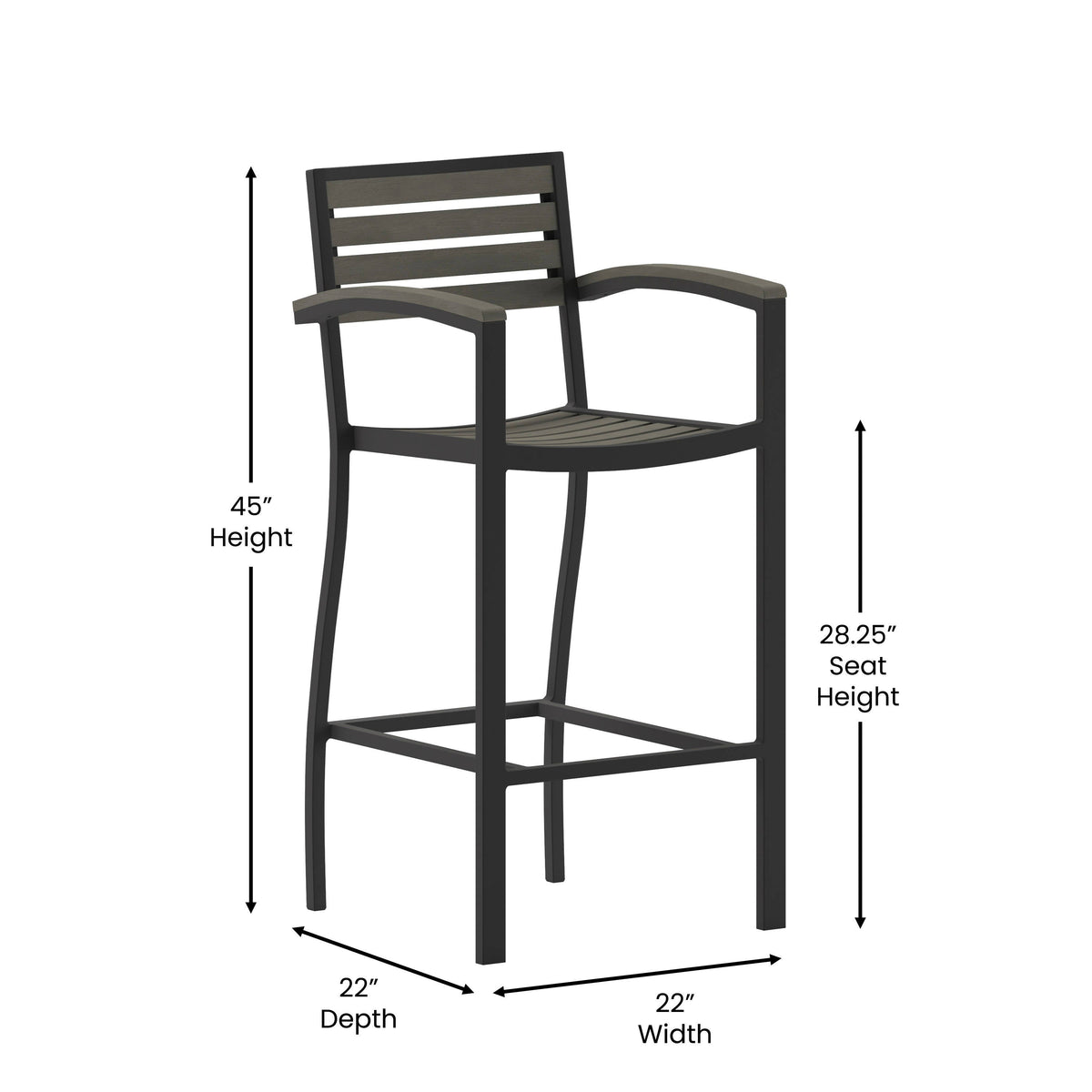 Flash Furniture XU-DG-HW6036B-ARM-GY-GG Commercial Grade Outdoor Bar Stool with Armrests and Poly Resin Slats-Gray Wash - View 4
