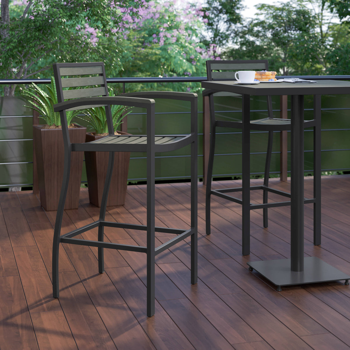 Flash Furniture XU-DG-HW6036B-ARM-GY-GG Commercial Grade Outdoor Bar Stool with Armrests and Poly Resin Slats-Gray Wash - View 6