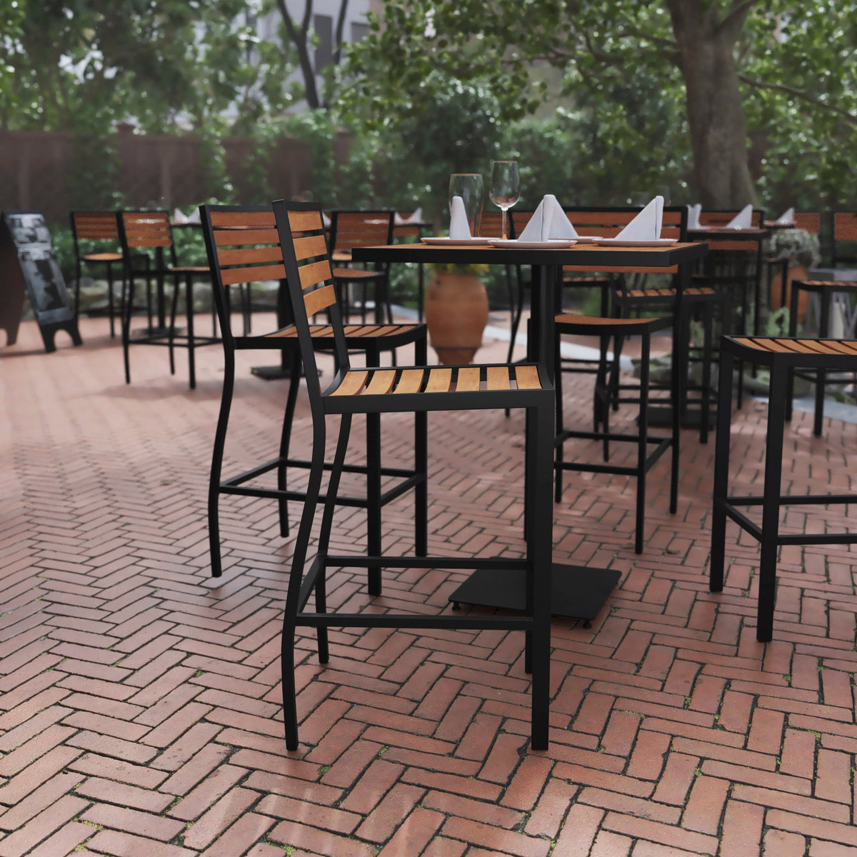 Flash Furniture XU-DG-HW6036B-GG Commercial Grade Outdoor All-Weather Bar Stool with Poly Resin Slats - Teak - View 2
