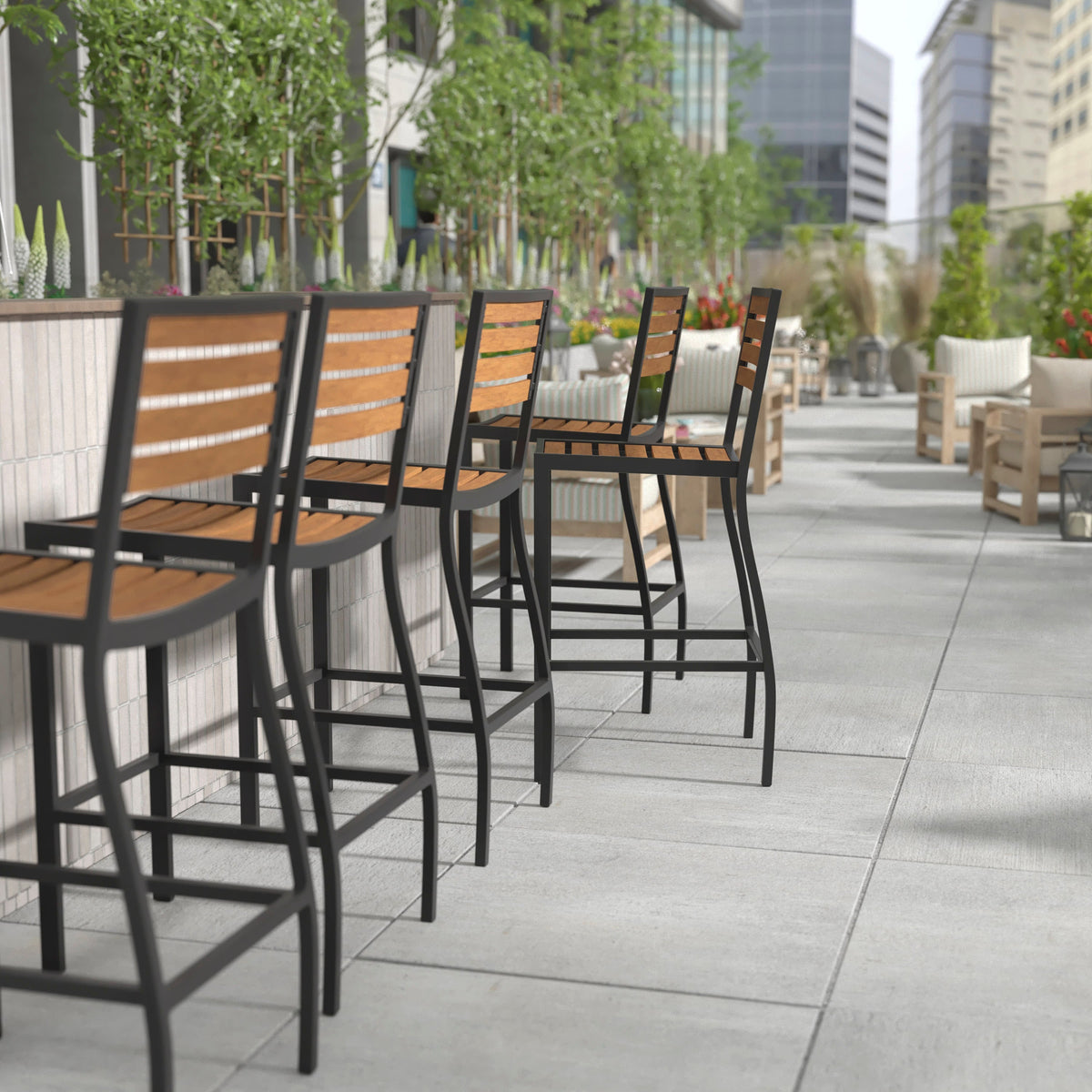 Flash Furniture XU-DG-HW6036B-GG Commercial Grade Outdoor All-Weather Bar Stool with Poly Resin Slats - Teak - View 5