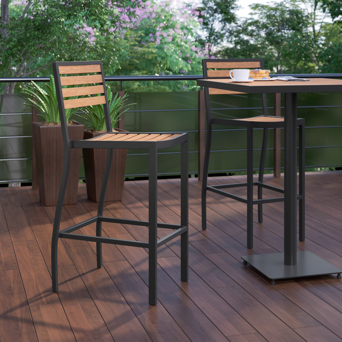 Flash Furniture XU-DG-HW6036B-GG Commercial Grade Outdoor All-Weather Bar Stool with Poly Resin Slats - Teak - View 6