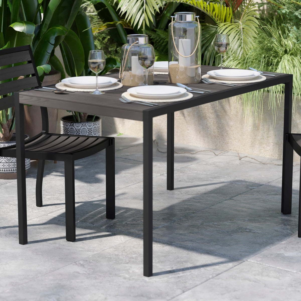 Flash Furniture XU-DG-UH3048-GY-GG Steel All-Weather Patio Dining Table with Gray Wash Faux Teak Slat Top-Seats 4 - View 2