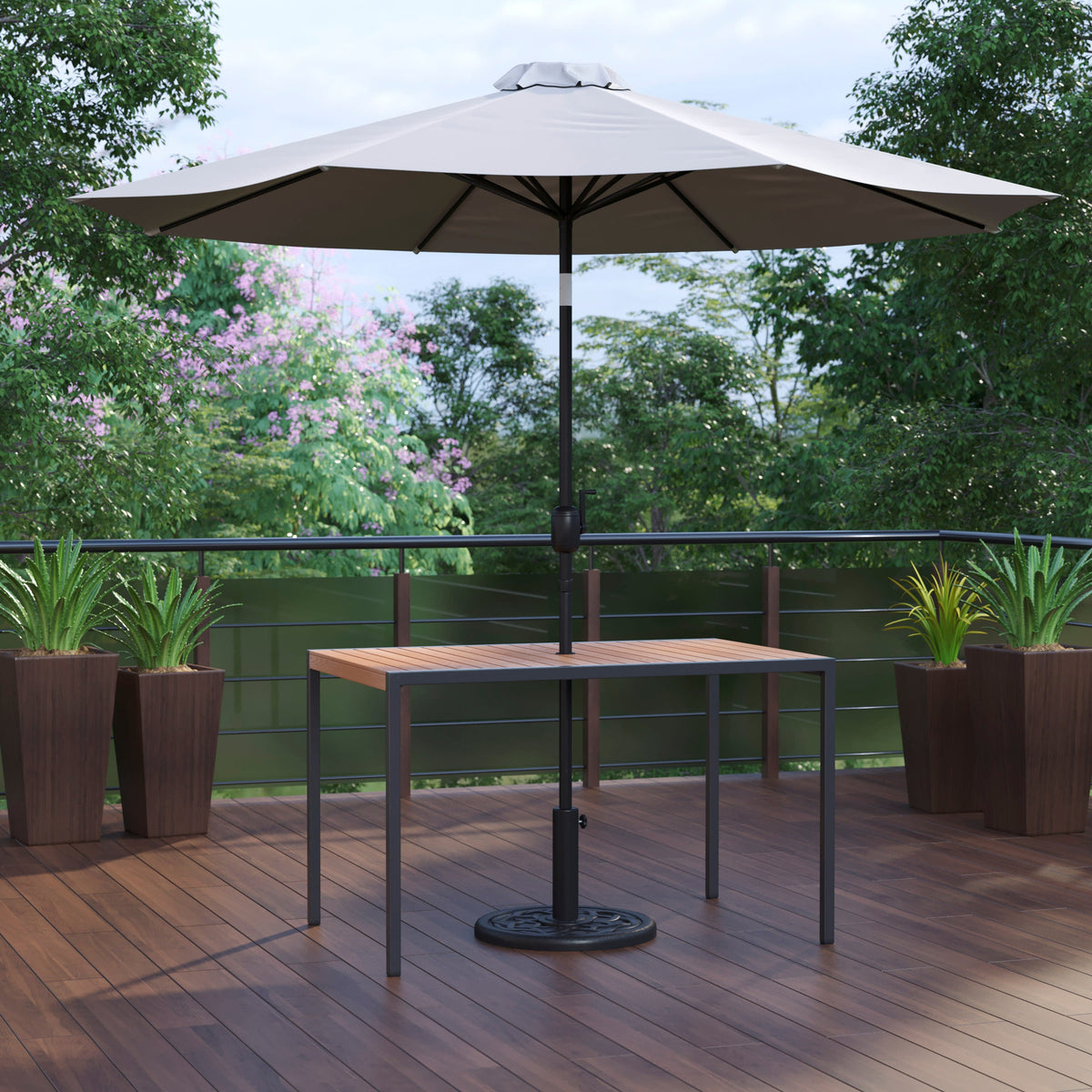 Flash Furniture XU-DG-UH3048-UB19BGY-GG Black Steel Framed 30" x 48" Faux Teak Patio Table-Gray 9FT Patio Umbrella-Base - View 2
