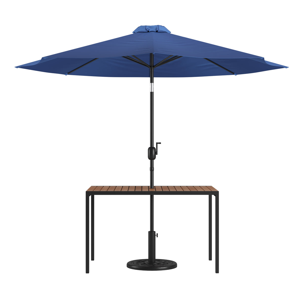 Flash Furniture XU-DG-UH3048-UB19BNV-GG Black Steel Framed 30" x 48" Faux Teak Patio Table-Navy 9FT Patio Umbrella-Base - Main view