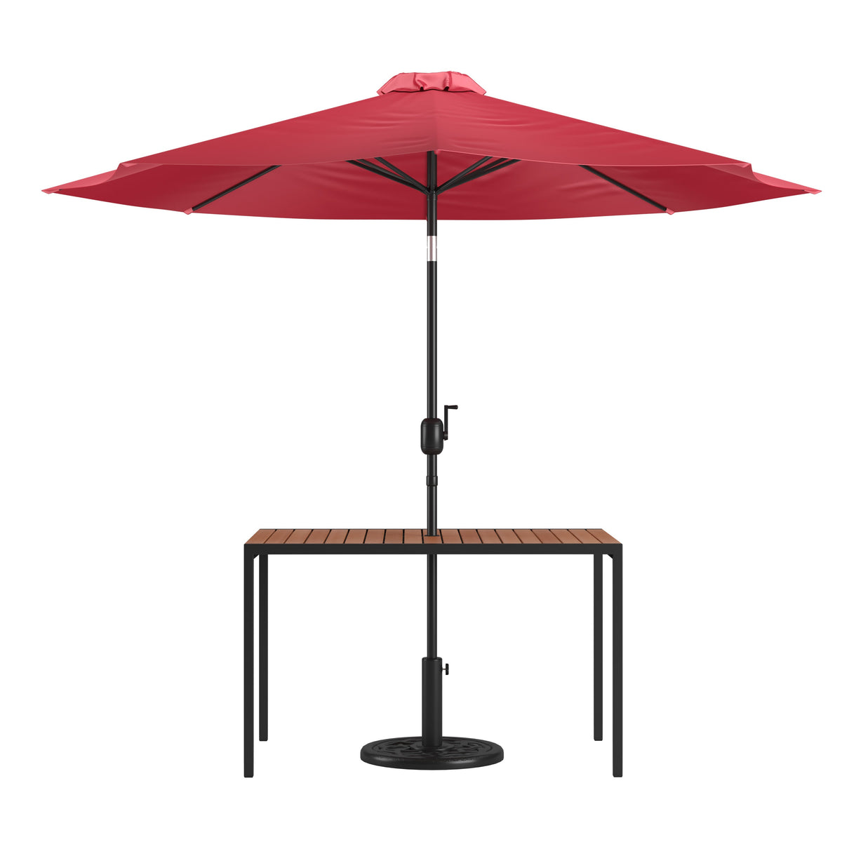 Flash Furniture XU-DG-UH3048-UB19BRD-GG Black Steel Framed 30" x 48" Faux Teak Patio Table-Red 9FT Patio Umbrella-Base - Main view