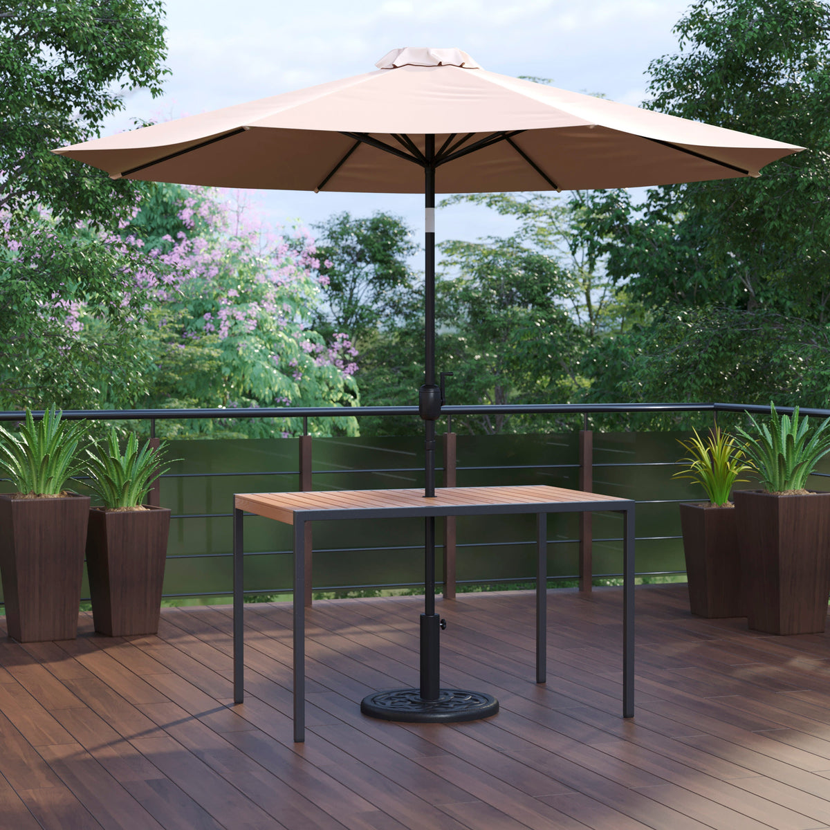 Flash Furniture XU-DG-UH3048-UB19BTN-GG Black Steel Framed 30" x 48" Faux Teak Patio Table-Tan 9FT Patio Umbrella-Base - View 2