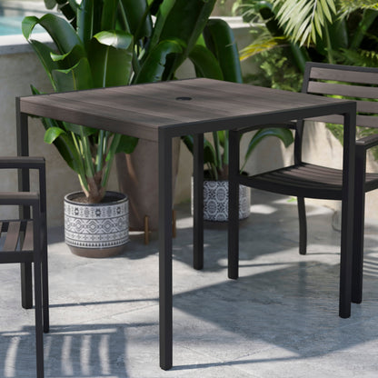 Flash Furniture XU-DG-UH8100-GY-GG Steel All-Weather Patio Dining Table with Gray Wash Faux Teak Slat Top-Seats 4 - View 2