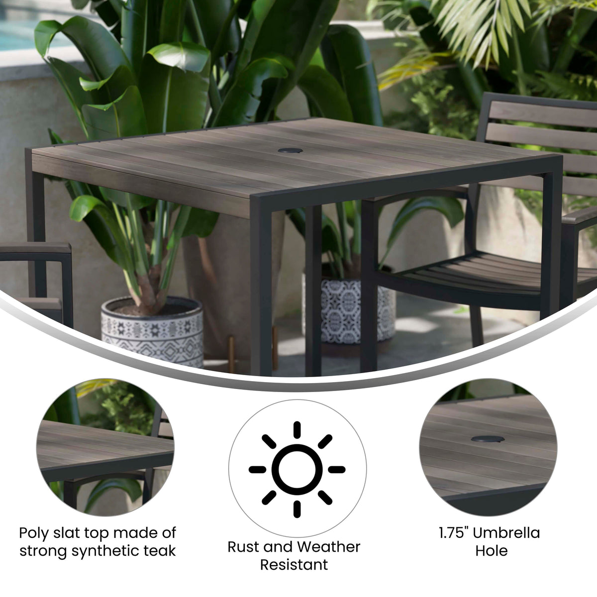 Flash Furniture XU-DG-UH8100-GY-GG Steel All-Weather Patio Dining Table with Gray Wash Faux Teak Slat Top-Seats 4 - View 3