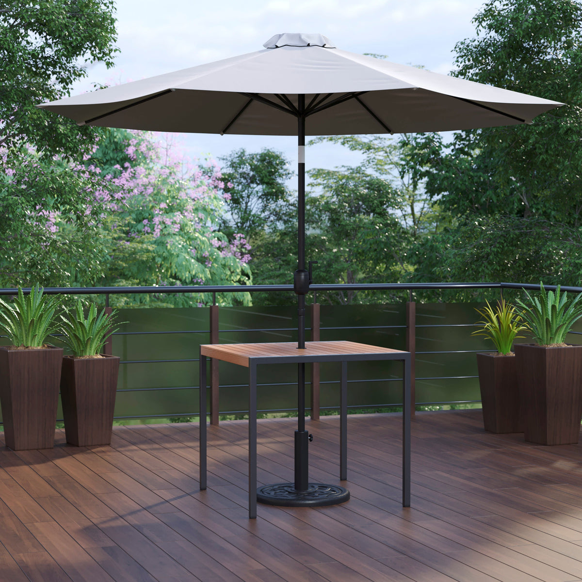 Flash Furniture XU-DG-UH8100-UB19BGY-GG Black Steel Framed 35" Square Faux Teak Patio Table-Gray 9FT Patio Umbrella-Base - View 2