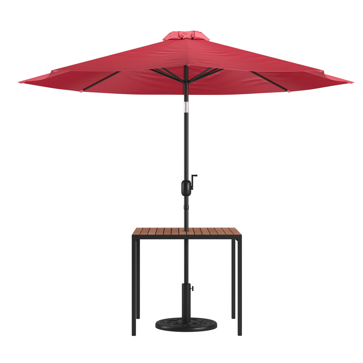 Flash Furniture XU-DG-UH8100-UB19BRD-GG Black Steel Framed 35" Square Faux Teak Patio Table-Red 9FT Patio Umbrella-Base - Main view