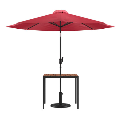Flash Furniture XU-DG-UH8100-UB19BRD-GG Black Steel Framed 35" Square Faux Teak Patio Table-Red 9FT Patio Umbrella-Base - Main view