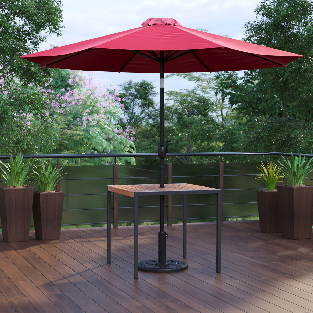 Flash Furniture XU-DG-UH8100-UB19BRD-GG Black Steel Framed 35" Square Faux Teak Patio Table-Red 9FT Patio Umbrella-Base - View 2