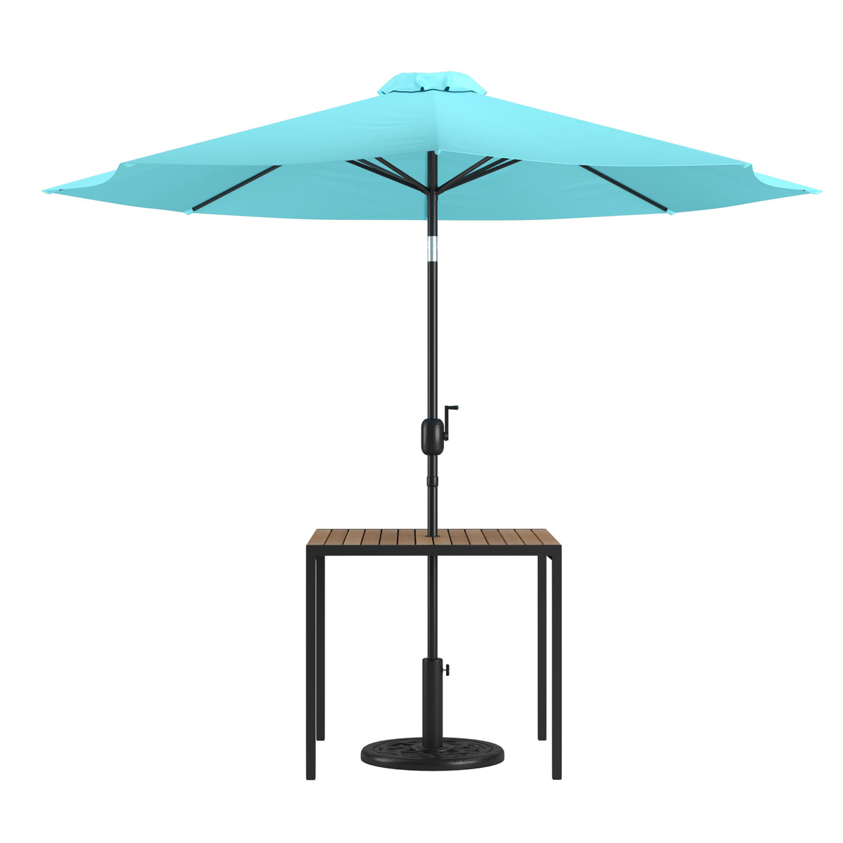 Flash Furniture XU-DG-UH8100-UB19BTL-GG Black Steel Framed 35" Square Faux Teak Patio Table-Tan 9FT Patio Umbrella-Base (Teal) - Main view