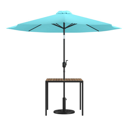 Flash Furniture XU-DG-UH8100-UB19BTL-GG Black Steel Framed 35" Square Faux Teak Patio Table-Tan 9FT Patio Umbrella-Base (Teal) - Main view