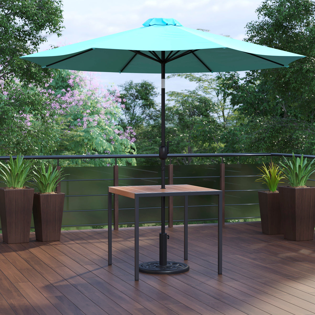 Flash Furniture XU-DG-UH8100-UB19BTL-GG Black Steel Framed 35" Square Faux Teak Patio Table-Tan 9FT Patio Umbrella-Base (Teal) - View 2