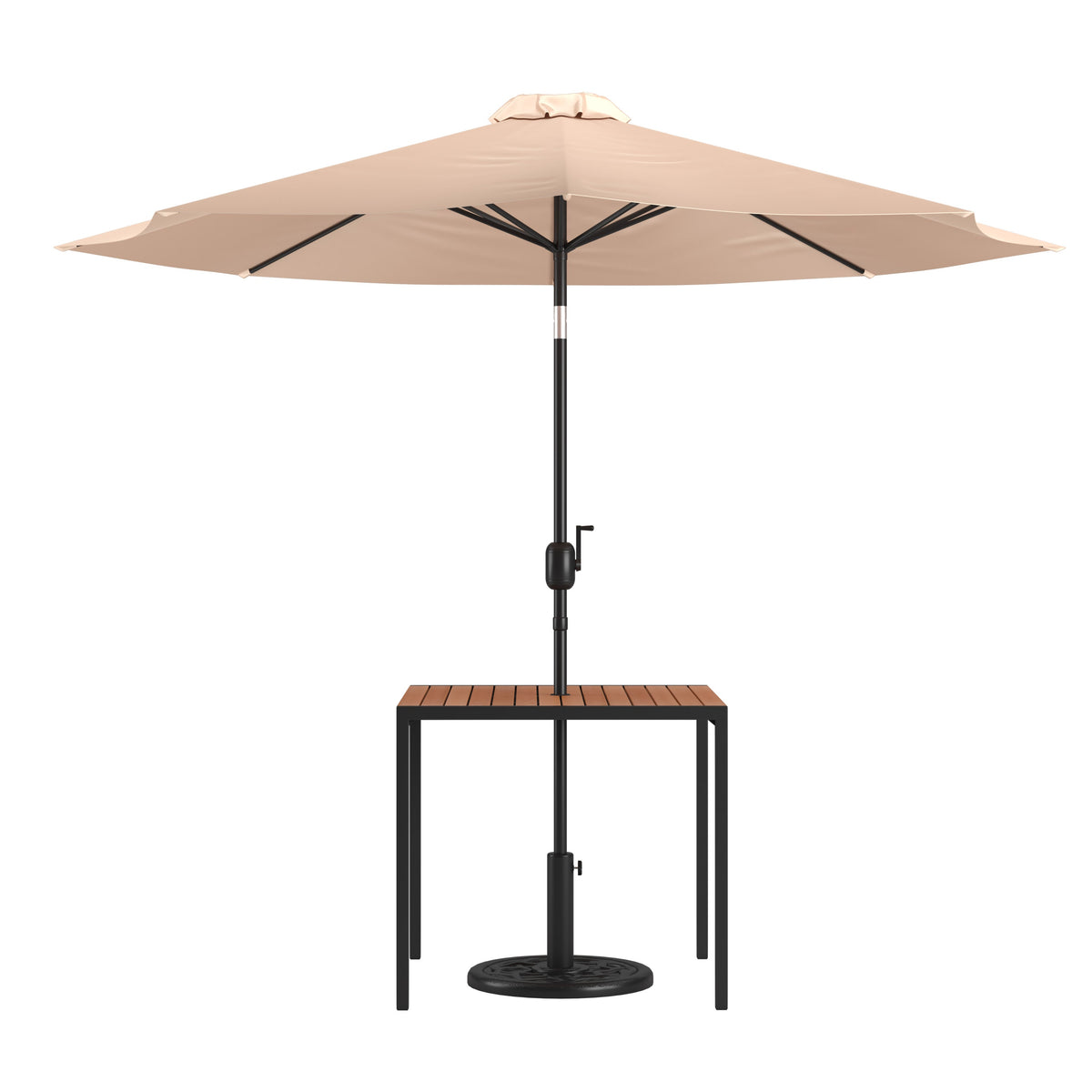 Flash Furniture XU-DG-UH8100-UB19BTN-GG Black Steel Framed 35" Square Faux Teak Patio Table-Tan 9FT Patio Umbrella-Base - Main view