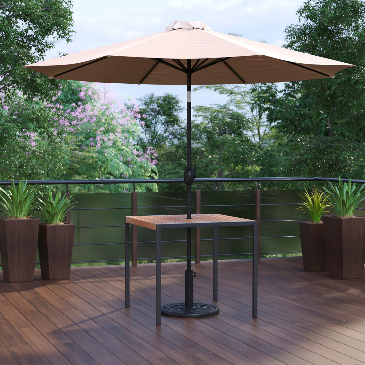 Flash Furniture XU-DG-UH8100-UB19BTN-GG Black Steel Framed 35" Square Faux Teak Patio Table-Tan 9FT Patio Umbrella-Base - View 2