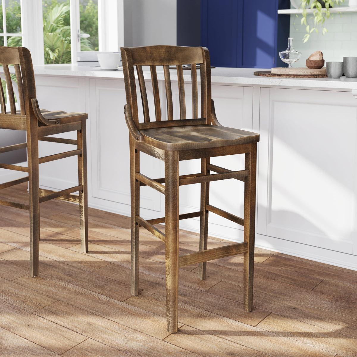 Flash Furniture XU-DG-W0006B-ANTCPR-GG School House Back Antique Copper Wood Restaurant Barstool with Footrest - View 5