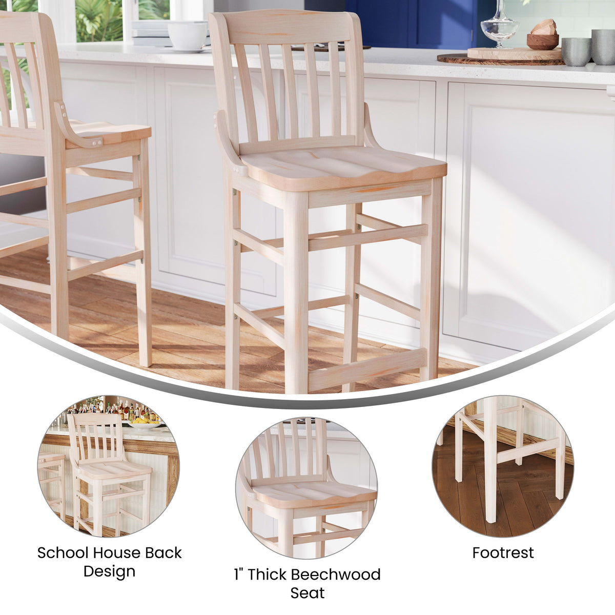 Flash Furniture XU-DG-W0006B-ANTWHT-GG School House Back Antique White Wood Restaurant Barstool with Footrest - View 3