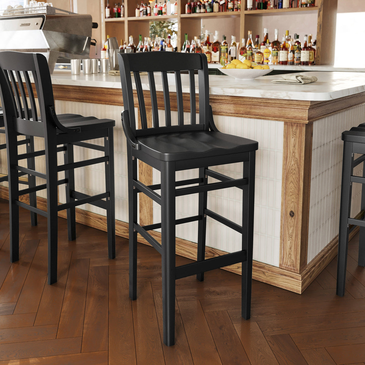 Flash Furniture XU-DG-W0006B-BLK-GG School House Back Black Wood Restaurant Barstool with Footrest - View 2