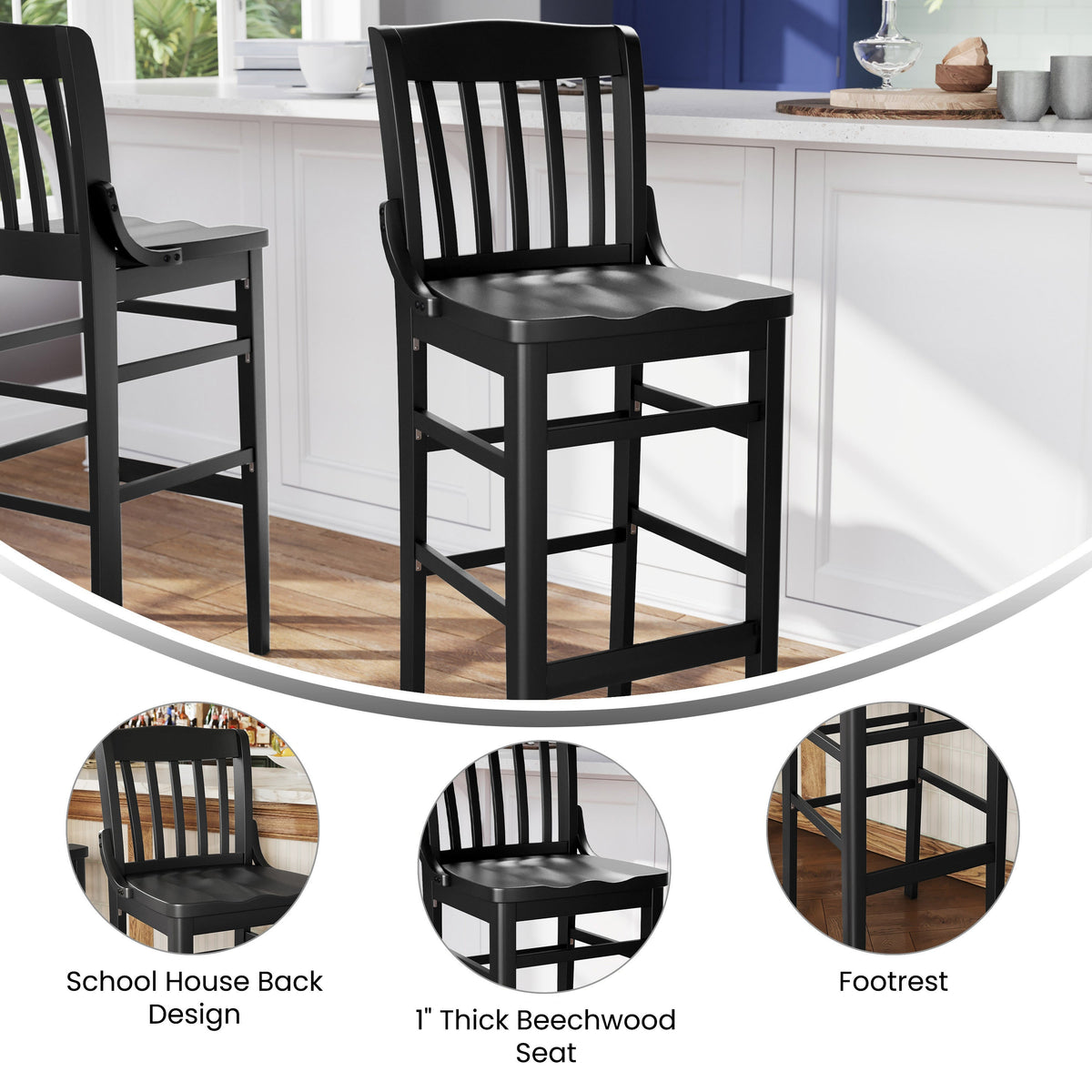Flash Furniture XU-DG-W0006B-BLK-GG School House Back Black Wood Restaurant Barstool with Footrest - View 3