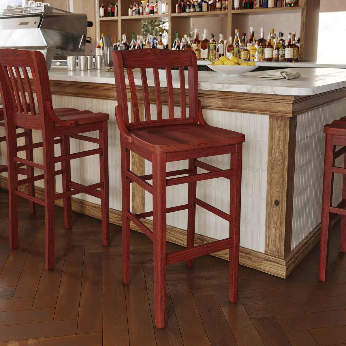 Flash Furniture XU-DG-W0006BAR-MAH-GG School House Back Mahogany Wood Restaurant Barstool with Footrest - View 2