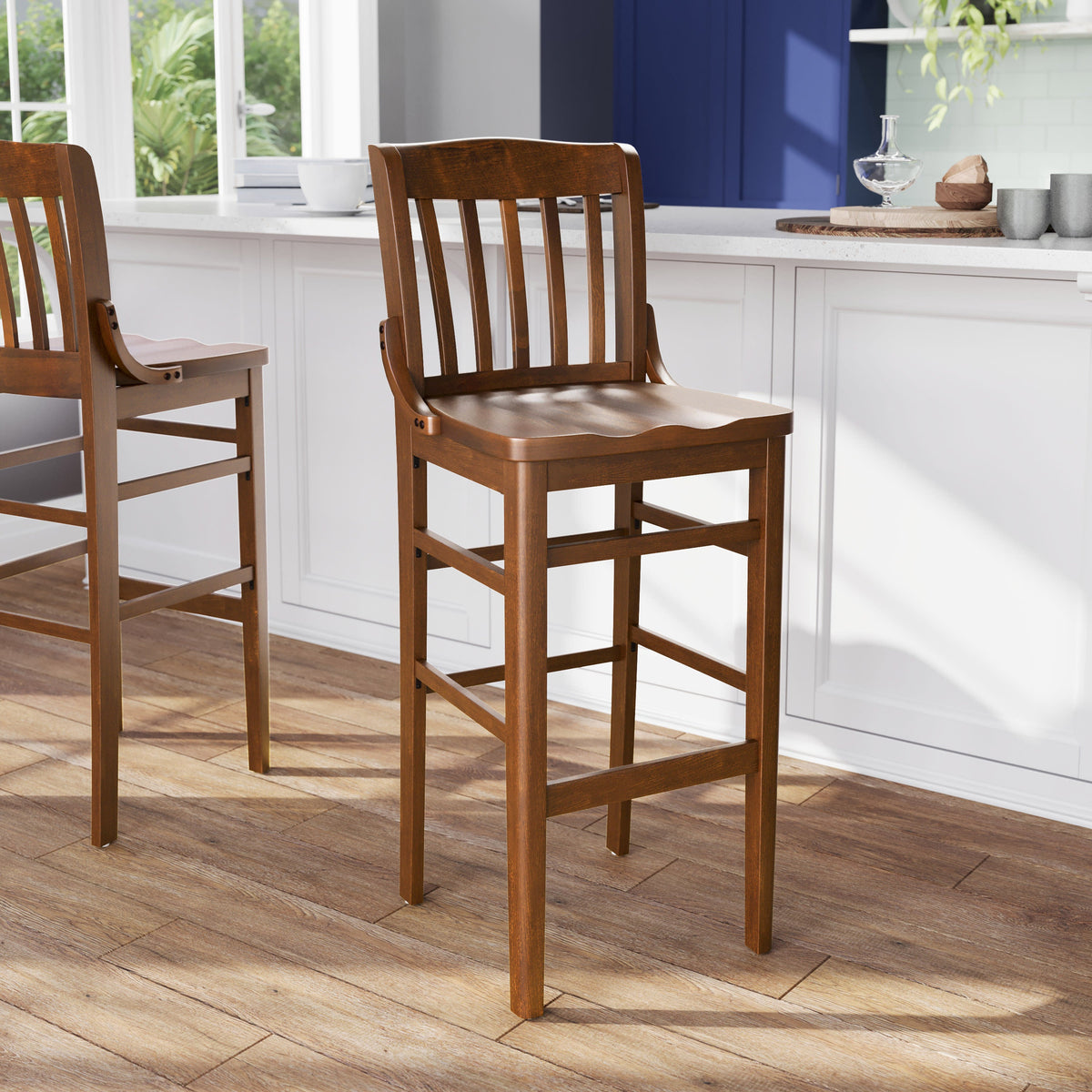 Flash Furniture XU-DG-W0006BAR-WAL-GG School House Back Walnut Wood Restaurant Barstool with Footrest - View 2