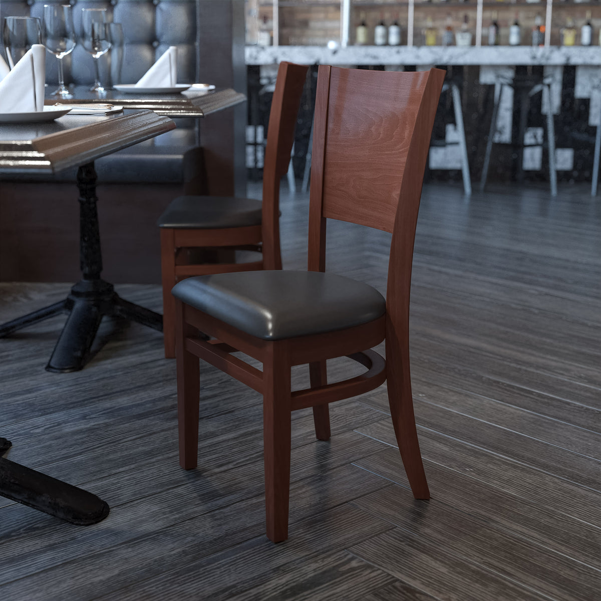 Flash Furniture XU-DG-W0094B-WAL-BLKV-GG Solid Back Walnut Wood Restaurant Chair - Black Vinyl Seat (Black Vinyl Seat/Walnut Wood Frame) - View 2