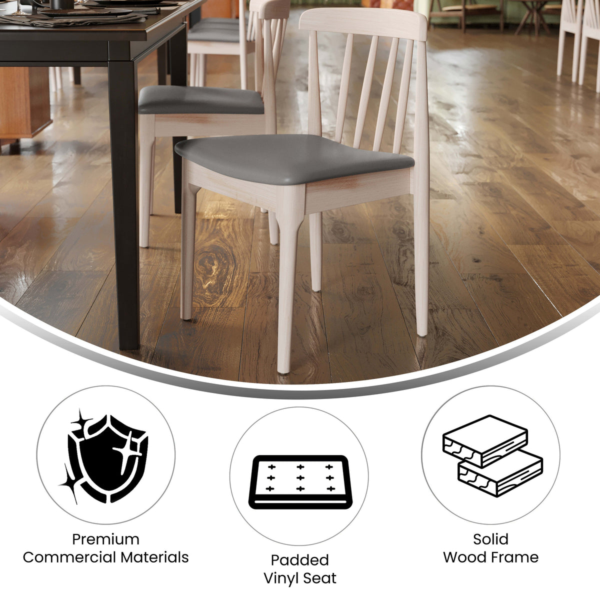 Flash Furniture XU-DG-W0359-ANTWHT-GG Commercial Solid Wood Dining Chair with Vinyl Padded Seat - Antique White/Beige (Beige Vinyl Seat/Antique White Wood Frame) - View 3